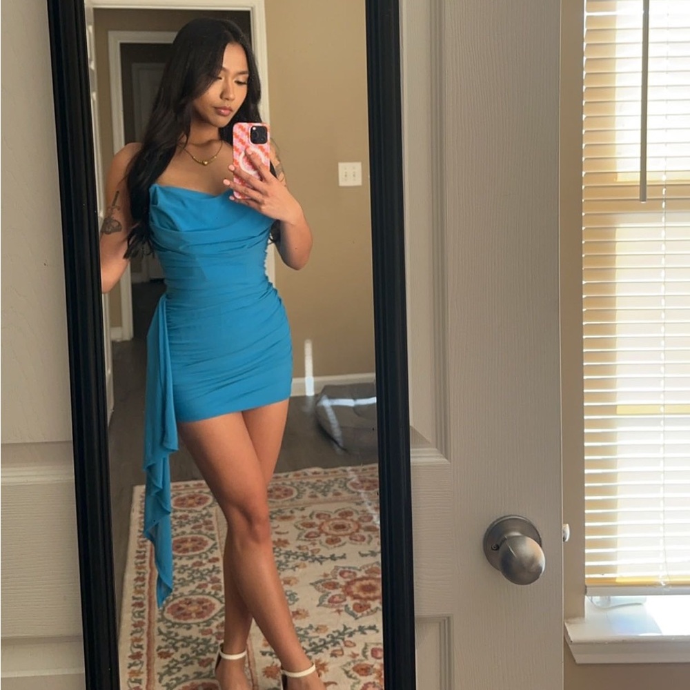 blue formal strapless mini dress